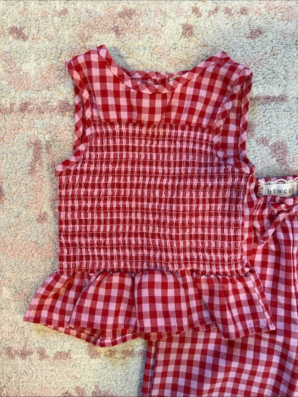 Gingham Smocked Peplum Top & Wide Leg Pants Set - Pink & White - Size 4T